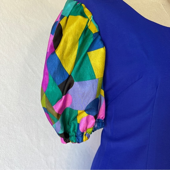 80s Blue Geometric Patterned Puff Sleeve Dress - Picture 8 of 13
